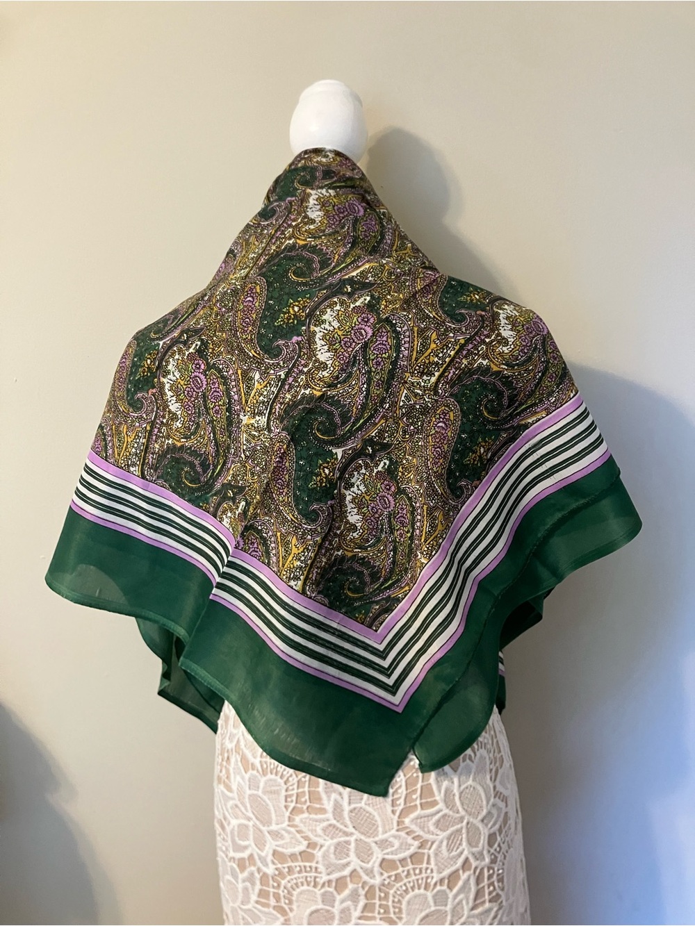 Silk-Feel Paisley Square Scarf in Green and Purple